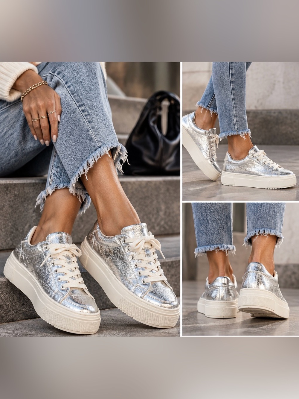 All Saints Metallic Silver Platform Sneakers